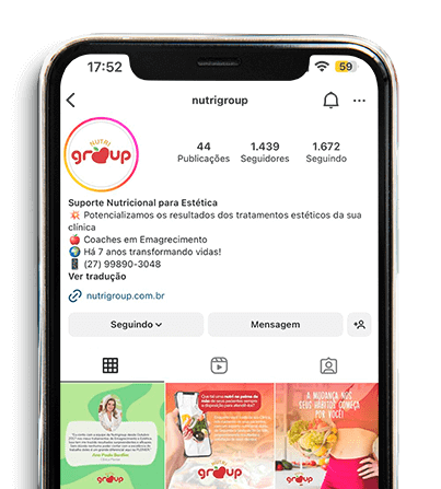 Mockup de celular mostrando o perfil da Nutrigroup no Instagram